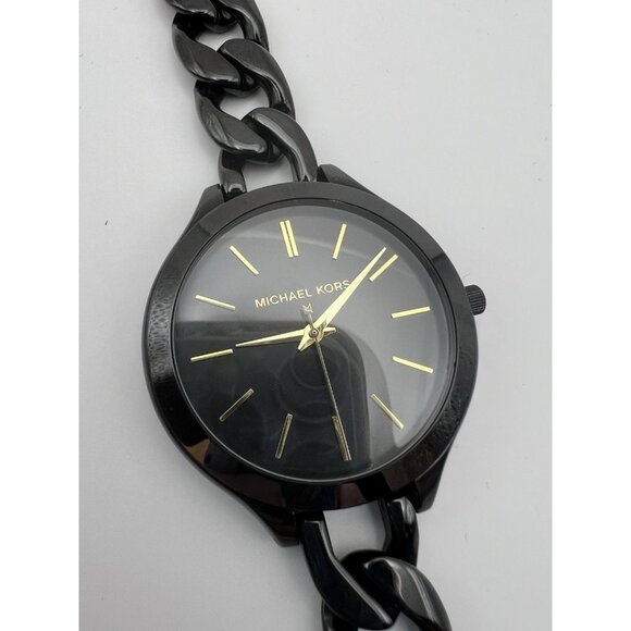 Michael Kors MK3317 Womens Slim Runway Stainless Black Face NEW BATTERY 7.5 - Picture 1 of 6